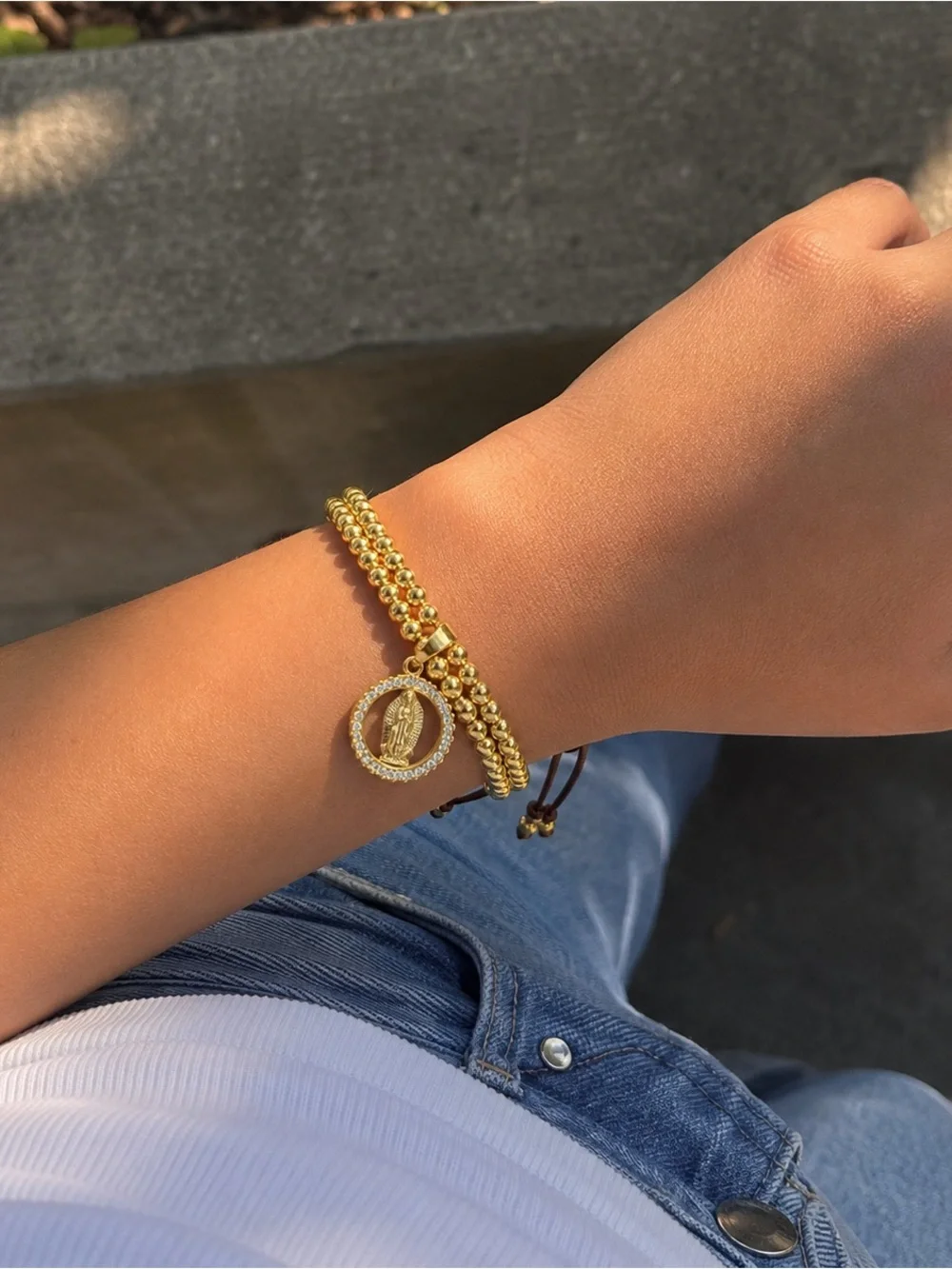 Gold Virgin Mary Charm Beaded Bracelet - Women's Religious Jewelry